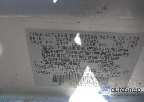 2024 Nissan Versa 1.6 S z USA, uszkodzony, nr VIN 3N1CN8DV8RL861982